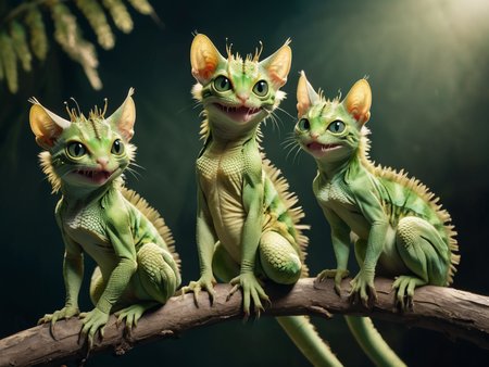 high-resolution photo of a family of green lizard-cat-crossbreed-hybrids sitting on a branch, long_tongue, big_eyes,highly detailed fluffy fur and scaly_skin, cat-ears,frills, lizard-cat-tails, analog film,  film photography, soft lighting, heavy shadow, 16k HDRI, sharp focus, lots of detail, cinematic moody lighting