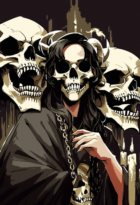 score_9, score_8_up, score_7_up, score_6_up, 
2d, 1girl, solo, (portrait)
long  hair, black hair,
dark room, candle.lit room, candles,
holding a skull, holding skull, 
holding skull in two hands, animal skull, wolf skull,
black robes, simple robes, jewelry, demon horns, 
skull mask, 
multiple rows of teeth,