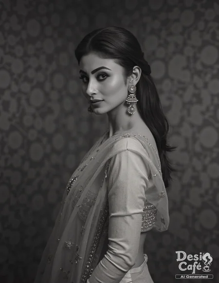 vintage greyscale photo of  mouni roy woman, hyper realistic photo that is safe for work, shy smile, studio quality image, well dressed wearing intricate long sleevedPants_kurta, hair styled as high ponytail,muted shaded wallpaper background that contrasts with the person, cinematic lighting,âââââ  <lora:Mouni_Roy_2024_Flux_Kohya_LoRA_v1:1>âââ