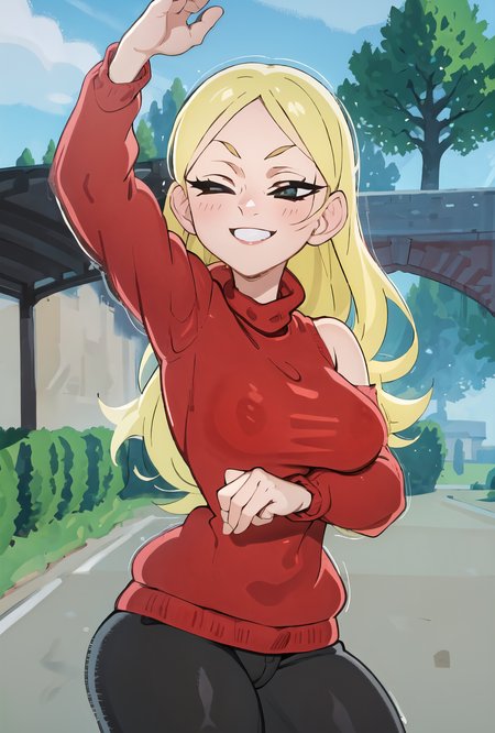 1girl, <lora:hillingLora_hillingV1:0.8>, (red sweater:1.2), black pants, smile,  outdoors, castle, grass, (((arm up))),  cowboy shot,  tight
