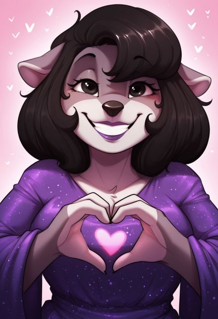 argosornstein , 1girl, solo, medium build, medium hair, sfw, safe for work, covered skin, flowy dress,  black eyes, purple lipgloss, smiling, portrait, upper body, heart hands, foreshortening, detailed, newest, furry female, furry, anthro