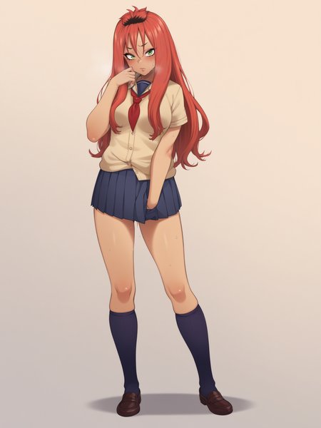 uncensored, score 9 up, score 8 up,
 <lora:[Metsuki Warui Kyoudan (Suruga Kuroitsu)] Hyouri no Omoi Doujin Character And Style PonyXL:1>,metsuki_warui, long hair, blush, red hair, hetero, school uniform, dark skin, green eyes, sweat, dark-skinned female, gyaru, tan, kneehighs, black hair, 1girl, standing, looking at viewer,
