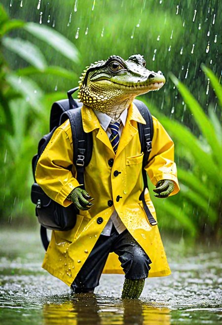 A captivating wildlife photograph captures a tiny baby crocodile braving a rainy day for its first school experience. The crocodile is dressed in an eye-catching, hyper-textured yellow raincoat and carries a small school backpack on its back. Dripping waterdrops enhance the wet and rainy atmosphere, while the lush greenery surrounding the creature adds to the enchanting scene. The baby crocodile's determined expression conveys a sense of courage and resilience, making this photograph both adorable and heartwarming., photo, wildlife photography