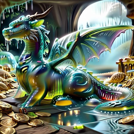 1dragon, highly detailed deep green and black  dragon, deep green and black dragon made out of slime, scaly deep green and black slime dragon, slime dragon with red eyes, deep green and black slime dragon laying in its hoard, green and black slime dragon with wings, dragon wings, detailed claws, detailed feet, detailed tail,
multi-colored gems made out of slime, in a room of treasure made out of slime, tiny gold coins and bars made out of slime, piles of tiny coins, piles of tiny gold slime coins, piles of gold slime, tiny gold slime coins, only tiny coins, translucent slime coins, 
treasure-room, treasure, gemstone, coins, gold bars, gold pile, 
everything made of slime, No simple background,
((translucent slime)), ((transparent slime)), (bioluminescent slime), sl1m3, slime, ais-blmn, watce, je11y, thickwater, great lighting, ral-lava, even lighting, no bright spots, saturated colors,