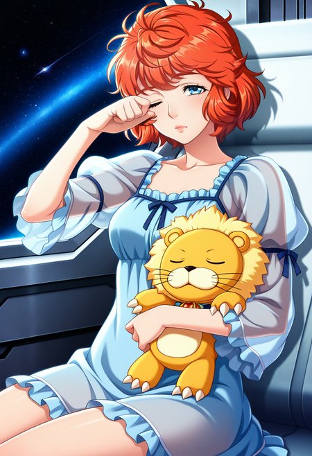 masterpiece,best quality,amazing quality, 
srw_lefina, official art,
1girl, solo, 
orange hair, red hair, fluffy hair, short hair, blue eyes, lips, medium breasts,
pajamas, dress, puffy sleeves, see-through sleeves, holding  stuffed lion, see-through silhouette,
cowboy shot, looking at viewer, rubbing eye, one eye closed, sleepy,
spaceship interior, sitting, space,
