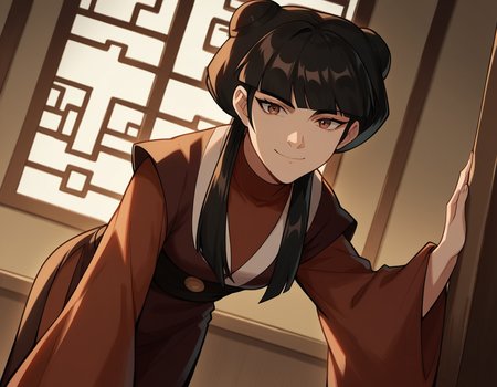 score_9, score_8_up, score_7_up, source_anime, <lora:mai-book2-ponyxl-lora-nochekaiser:1>, mai, sidelocks, long hair, black hair, lunt bangs, hair bun, double bun,, chinese clothes, turtleneck, long sleeves, wide sleeves,, indoors, bent over, smile, looking at viewer, solo, cowboy shot, dutch angle