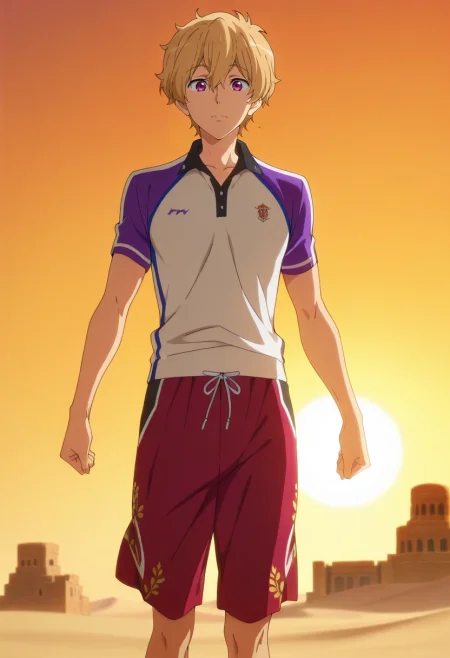 masterpiece, best quality, intricate details, anime screencap, anime coloring, official style, , 1boy, solo, male focus, <lora:nagisa_hazuki_ilxl:0.92>, nagisa_hazuki, blonde hair, purple eyes, desert palace, sand towers, sun courts, wind gardens, noble pose, regal expression, golden hour, Cherry Cargo swim trunks, Performance polo, , ,