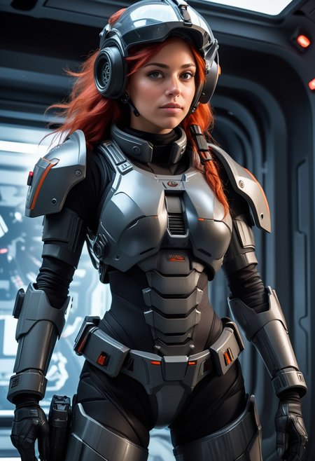 (medium full shot) of (futuristic futuristic soldier) young woman, normal build, long red hair, canadian, tan skin, hazel eyes, wearing a combat helmet with communication gear, Nano-fiber black exo-suit upper body armor with anti-gravity field, exo-suit lower body armor, armored boots, railgun, equipped with a jetpack night vision goggles, set in  Siege of a Starbase, Chaotic space station with flashing alarms, troopers in combat, hull breaches, flickering lights, the sound of distant explosions , woman smiling, ,Masterpiece,best quality, raw photo, realistic, very aesthetic