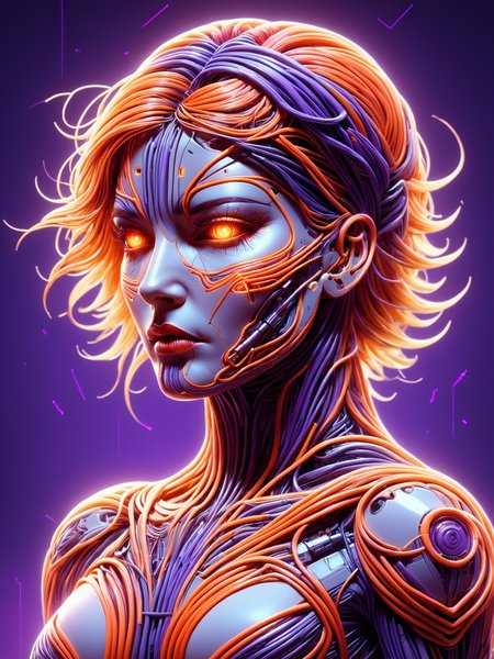 female cyborg made of mad-cable,  in the style of alphonse mucha, geometric pattern in the background, neon_orange lightning, neon_red lightning, neon_purple lightning, cables, wires, synthwave, vaporwave, retro futurism, Classic headshot pose   <lora:Cables_SDXL:0.8>  <lora:Neon_Cyberpunk_SDXL_Cyberspace:0.5> mad-cyberspace, cyberpunk, scifi, 1980s, retro <lora:aesthetic:1> aesthetic <lora:sd_xl_dpo_lora_v1:1>, (masterpiece:1.2), best quality, (hyperdetailed, highest detailed:1.2), high resolution textures