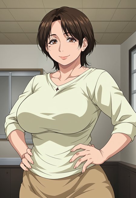 <lora:Saori-Konna_ni_Yasashiku_Sareta_no:0.8>,Saori,mature female,1girl,solo,brown hair,short hair,brown eyes,mole under eye,large breasts,shirt,skirt,cowboy shot, hands on own hips, looking at viewer, smile,indoors