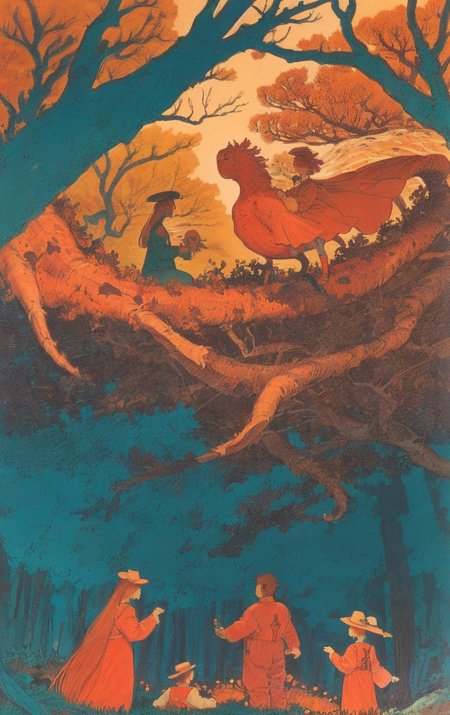 artwork <lora:Moebius:1>, Medium Shot of a family, rural landscape, majestic forest canopy,trogloxene,vibrant coral ecosystem