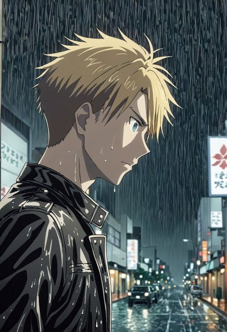 high resolution, professional photography, best quality, 1Boy, Yamato Ishida, blond hair, deep blue eyes, necklace, heavy rain, downtown, night, looking down, sad, leather jacket, looking away, OverallDetail