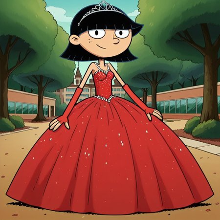 score_9_up,score_8_up,score_7_up,score_6_up,score_5_up,score_4_up BREAK rhonda,black hair, black eyes, bob cut, blunt bangs, Very large red floor length gown, ball gown, rhimestones. She is also wearing a tiara, hoop skirt, dome shape skirt, quinceanera, prom, pageant, long elbow length red fingerless Satin bridal gloves, contrapposto, hand on own hip, park, tree, building,smile,arm at side, leaning to the side, dutch angle, looking at viewer,    <lora:RhondaPony:1>