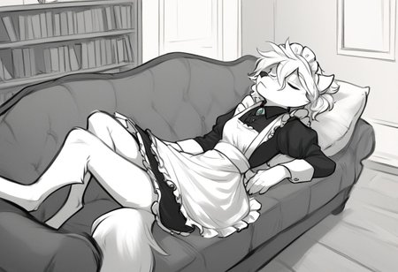 score_9, score_8_up, score_7_up, score_6_up, score_5_up, score_4_up, source_furry,
BREAK solo, furry, female, anthro, wolf, messy hair, small breasts,
((sleeping) on large (couch), bookshelf, 
BREAK rose-twokinds, maid, madi apron, maid headdress, long sleeves, wolf tail, fluffy fur, 
BREAK 
Portrait, sketch, (graphite \(medium\):1.2),
rating_safe, masterpiece, best quality, very aesthetic, 4k, ultra detailed, hires, monochrome, white background,