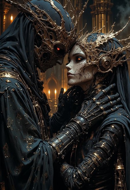 extremely detailed, A haunting close-up of two figures in an eerie embrace, their faces nearly touching, hidden beneath the deep shadows of ornate hoods. Their elegant, tattered gowns flow like liquid darkness, adorned with intricate embroidery that shifts subtly, as if alive. One figure's skeletal fingers, wrapped in delicate lace gloves, gently trace the other’s porcelain-like cheek, where cracks spread like veins. Their eyes, luminous and unnatural, pierce through the gloom with an eerie intensity. The air is thick with an unsettling mist, swirling around them as dim candlelight flickers, casting elongated shadows on the cold stone walls. The background is blurred, but faint outlines of gothic arches and twisted iron candelabras hint at a decaying cathedral, where whispers seem to linger just beyond perception. Extreme close-up shot, cinematic composition, deep contrast between the softness of the fabric and the unsettling details of their almost-human forms.