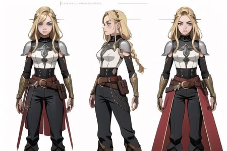 1woman, solo, armor, pauldrons, <lora:BarbarianT-18:0.8>, BarbarianT, muscular female, bare very muscular abs, ((masterpiece: 1.4, perfect face, best quality: 1.2)), saturated brown tones, ultra highly detailed, detailed eyes, delicate hair details, armor faulds, fantasy crop top, arm armor, armor greaves, short tippet, large breasts, sexy eyes, devilish grin, mixed blonde hair, very long spiky hair, many braids in long hair, intricate details, hazel eyes, eyeliner, eyelashes, crossed_bangs, warpaint, one bare muscular armor with viking design tattoo, wide striped puffy sleeves, multicolor sleeves, tribal design asymmetrical lion cloths, leather boots, wide striped baggy pants trousers, tassel belt accessories, barbarian woman, brown leather hip belt with pouch on right side of hip, sword on left side of hip belt, leather gloves with fur trim, nordic, fantasy aesthetic,(2d saturated colors), fine details, intense,(lineart:1.33), charactersheet, reference sheet, multiple views, white background