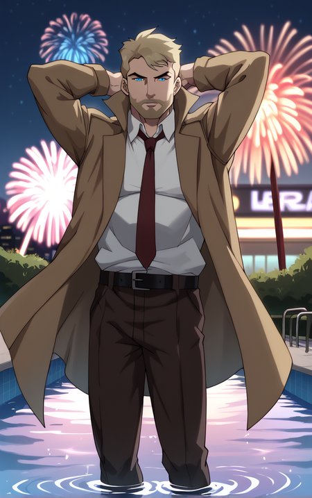 score_9, score_8_up, score_7_up, looking at viewer,  BREAK
DCAU_JL_JohnConstantine_ownwaifu, 
1boy, blonde hair, blue eyes, male focus, short hair, facial hair, mustache, 
red necktie, trench coat, white shirt, collared shirt, open coat, brown coat, belt, pants, coat, long sleeves, beard, brown jacket, formal, brown pants, popped collar, black belt, long coat
(contrapposto, arms behind head, aerial fireworks), wading, neon_lights, cityscape, night, pool, full moon, outdoors, <lora:PONYXL_DCAU_JL_JohnConstantine_ownwaifu:0.9> , depth of field, solo, Interesting Image, Captivating Image,