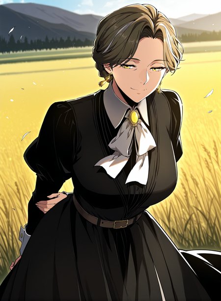 <lora:Wilbeck__The_Beginning_After_the_End__Illustrious:1>
Wilbeck, 1 girl, solo, mature woman, yellow eyes, brown medium hair, silver streaks, side-parted, braided updo,
black victorian dress, white cravat, wide cuffs, waist belt, gold earrings, formal outfit
score_9, score_8_up, score_7_up, very aesthetic, source_anime, detailed, high quality, beautiful, masterpiece, detailed eyes, field, blurry background, pose dynamic angle, upper body, cowboy shot, light smile, floating hair, half-closed eyes, hands behind back, leaning forward, looking forward, looking at viewer