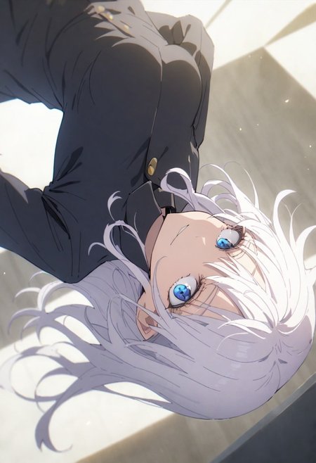score_9, score_8_up, score_7_up, score_6_up, masterpiece, best quality, absurdres, cinematic, dynamic angle, perfect composition, solo, 1girl, medium breast, gojou satoru, blue eyes, white hair, long hair, round sunglasses on head, jacket, black jacket, gakuran, school uniform, high collar, smirk, standing, looking at viewer,