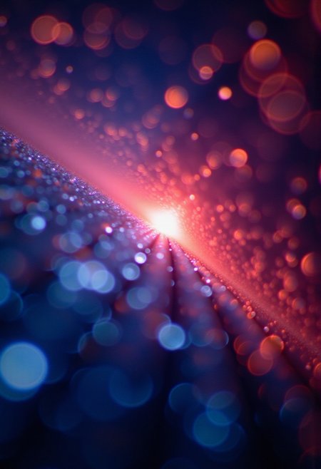 Fractals and bokeh swirl in brilliant shades of blue, purple and red. burned colors glowing with orange heat.  Bands of white light dash across the canvas. High saturation and contrast. sharp lines come into focus.