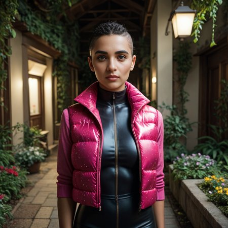 score_9, score_8_up, score_7_up,  professional 40 year old spanish girls wearing (sparkly  cropped_puffer_vest_neon jacket),Cornrows  unique hair style, sexy, fully dressed, (latex catsuit)  dramatic lighting, blushing, , after a long day of work,  at night, dark,garden scene
 <lora:pony_cropped_puffer_jacket:0.6>