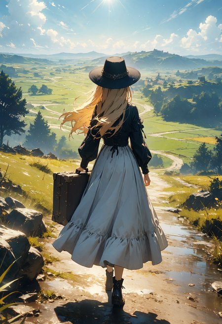detailed landscape, 1girl, on a path, holding suitcase, noble dress, from back, facing away viewer, blonde hair, long hair, hair with wind, looking at viewer, countryside, flat landscape, tree, outdoors, fantasy, blue sky, clouds, sunny, long shot, hat, cgi, masterpiece, best quality, very aesthetic, absurdres, <lora:add-detail-xl:1>,  <lora:MJ52:0.25>,  <lora:d4rk01lXLP:0.60> d4rk01l