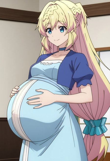 best quality, masterpiece, 4k, perfect lighting, very aesthetic, anime, anime coloring, official art, anime screencap, bedroom, (large pregnant belly:1.3), happy, smile, (hands on belly:1.5),
azusa, blonde_hair, blue_eyes, braid, very_long_hair, short_sleeves, blue_choker, blue_jacket
(pregnancy clothes:1.5), (covered belly:1.5)