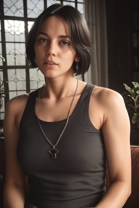 core_9, score_8_up, score_7_up, score_6_up, masterpiece, ultra quality, crystal clear, 8K UHD, high-resolution videogame graphics, female, wearing a dark grey tank top, Modern bob hairstyle, <lora:Sin_Nombre_P:1>, Sin_Nombre