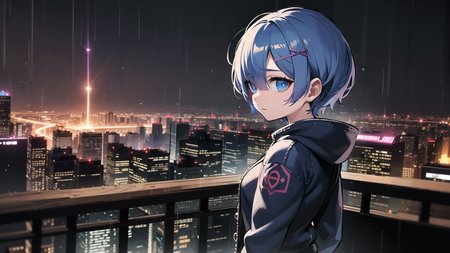 masterpiece, best quality, ultra-detailed, illustration, epic lighting, cinematic composition, colorful, 1girl, rem_\(re:zero\), medium breasts, blue hair, short hair, (hair over one eye:1.2), blue eyes, (jacket, jeans:1.2), from the side, standing, (upper body:1.2), cyberpunk, city, neon, neon lights, buildings, fog, rain, raining, (dark, night:1.2), (extremely detailed CG:1.2), (8k:1.1)