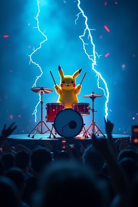 A dimly lit concert stage with a pulsing electric blue backdrop and strobe lights casting an otherworldly glow. Pikachu, dressed in a miniature rockstar outfit, sits atop a drum kit, sticks held high as it begins to play a frenetic rhythm. Lightning effects crackle and pop around the drums, illuminating Pikachu's bright yellow fur. The air is charged with anticipation as the crowd cheers on this electrifying performance.