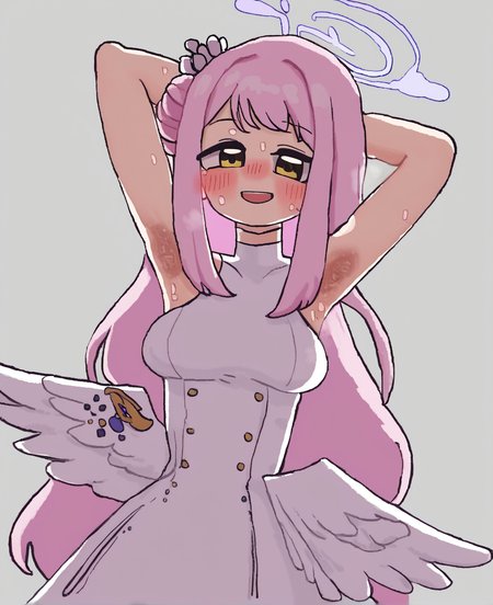 score_9, score_8_up. score_7_up, <lora:tomi8tky:1> tomi8tky,  score_9, tomi8tky, 1girl, mika (blue archive), armpits, halo, pink hair, white wings, white dress, presenting armpit, blush, long hair, yellow eyes, sleeveless dress, white background, hair bun, looking at viewer, white pantyhose, angel wings, hair ornament, simple background, hair flower, breasts, sweat, single side bun, open mouth, smile, low wings, feathered wings, arm behind head, arm up