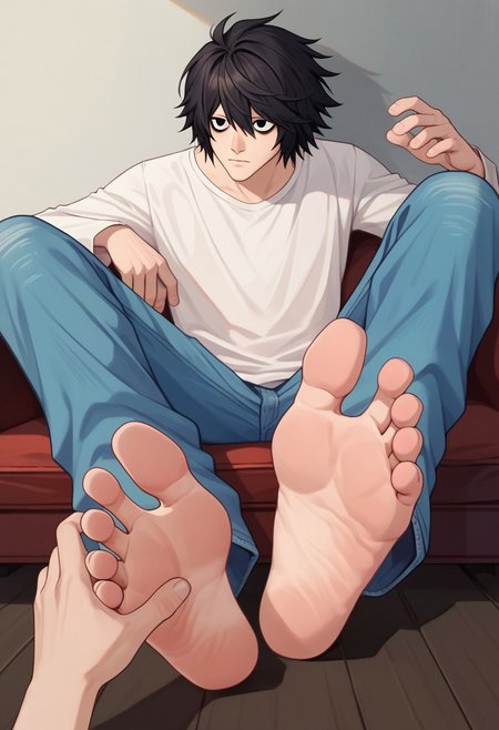 score_9, score_8_up, score_7_up, 1boy, L, black hair, short hair, messy hair, black eyes, bags under eyes, white shirt, long sleeves,  jeans, sitting, barefoot,  <lora:L lawliet-000008:1> L Lawliet sitting facing the viewer showing the soles of his pale smooth bare feet and soles, soles, toes, barefoot, male feet, feet in frame, two feet, five toes on each foot, perfect feet, perfect toes, soft soles, shy male, cute male, foot focus, foot fetish, perfect feet, legs spread with soles shown off, male feet