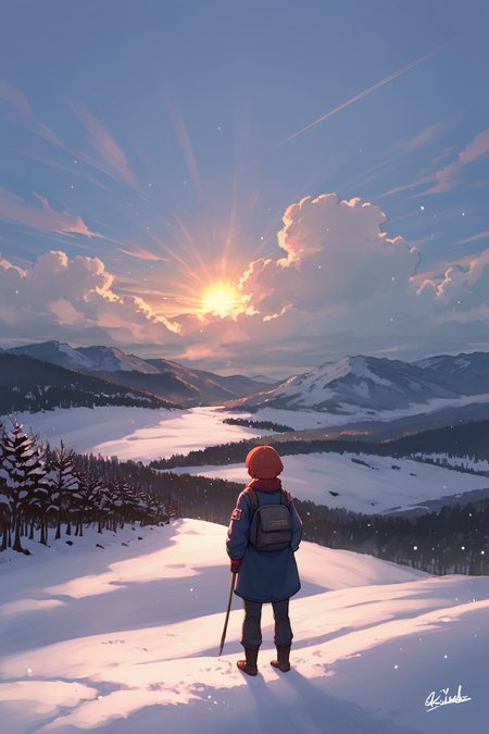 PDXL, source_anime, <lora:AlpcmasV1:1>, alpcm4s, landscape, 
snowy mountain, sun behind it, clouds, 
volumetric reflections, volumetric shadows, HDR, shot on Canon DSLR