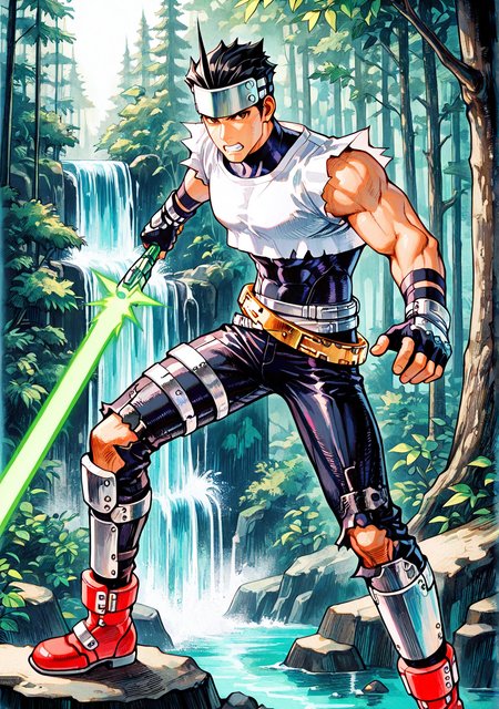 pshyt, FMIXF2, csdb, hatching (texture), mature eyes, toned male, brown eyes, cropped shirt, white shirt, dark blue bodysuit, ripped pant leg, leg armor, forehead protector, pointed ahoge, black hair, red ankle boots, ankle boots, holding weapon, green laser sword, fingerless gloves, gold belt, silver belt, lush forest, waterfall, standing pose, serious, clenched teeth,

masterpiece, best quality, amazing quality