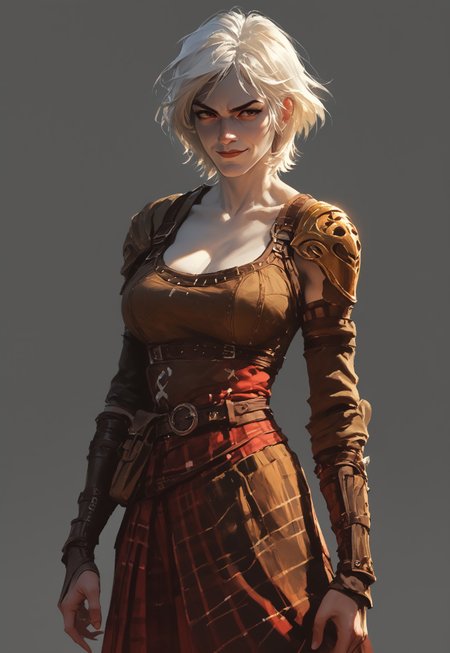 safe_pos, safe_pos, (gray background:1.5), (no objects in background), simple background, standing, cowboy shot,
BREAK (1girl, solo, <lora:NAHIRI:1>, short hair, white hair, colored skin, large breasts, nahiri, belt, detached sleeves, plaid skirt, red skirt, armor, miniskirt, sexy smirk, come hither), score_9, score_8_up, score_7_up, score_6_up, 