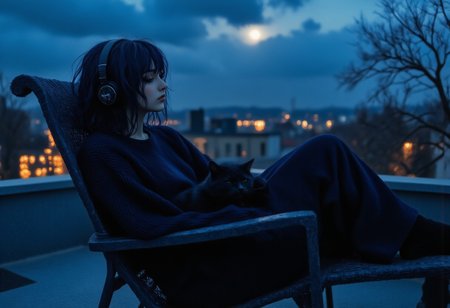 1girl, wearing headphone, black sweater, black pajama, black socks,  resting in resting chair, roof top, side view, a black cat sleeping in lap, a black dog sleeping near chair, railing in background, blue moon amongst dark clouds, a tree outside near railing,  FictionalOpal, alternative girl with messy navy blue hair, DarkAtmosCE style, highres, realistic, fhd, widescreen, moonlight,