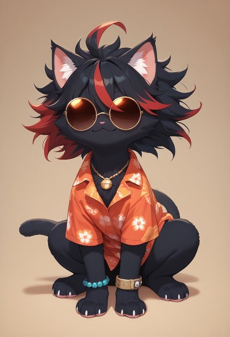 (score_9, score_8_up), score_7_up, score_6_up, best quality, highest quality, (feral), cat, animal focus, furry, female, (solo), full body, official style, (body fur), (black body, black fur, red fur), (black hair, red hair, streaked hair), (messy hair, spiked hair, highlights), cat ears, animal nose, tinted eyewear, round eyewear, hidden eyes, smirk, red markings, red stripes, necklace, hawaiian shirt, bracelet, paws, cat tail, clothed feral, no humans,