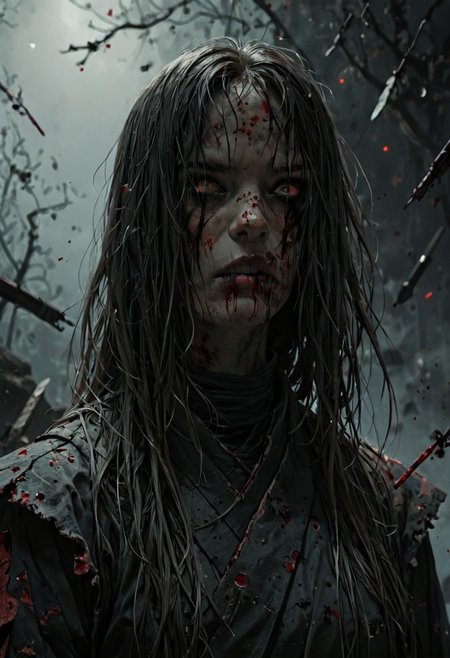 score_9, score_8_up, score_7_up, fluxenh4nce, samurai-girl, (pale:1.9),  (etheral ((upper-body)) portrait), standing, defeated, haunted, bleeding, highly detailed, heavy film grain, sinozick style flat color, dark theme,