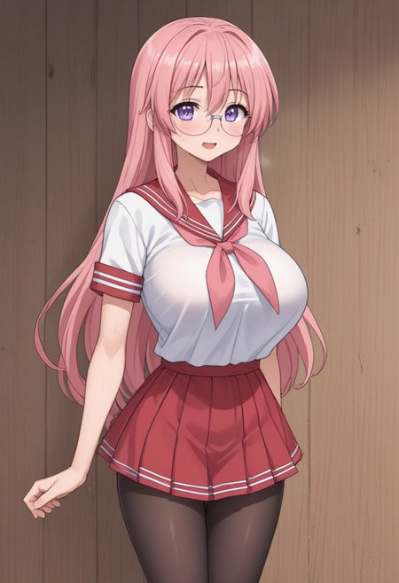 indoor, midnight, Health room, 
8k, super high vision:, intricate details, Super high quality, Super high resolution, masterpiece, full color, 
anime art, animation, 
beautiful breasts, huge breasts, 
super cute girl, super cute face, narrow waist, 
sweat, shiny skin, wet hair, wet body, droplet, 
looking at you sexually, sexually excited state, heterosexual, gonzo, 
smug, open your mouth, sigh, long breath, blush, bitch, 
standing, 
sailor collar, uniform, red skirt, pink neckerchief, mini skirt, black pantyhose, 
tiny hips, hips, thigh, 
miyuki takara, long hair, purple eyes, pink hair, glasses, cowboy shot, cowboy shot, cowboy shot,