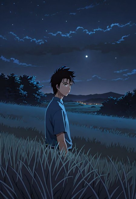 Highres, Masterpiece, High Quality, 4K, 8K, solo, 1Boy, Soujirou Agata, brown eyes, black hair, grassland, no light pollution, bush, nature, calm, peaceful, night breeze, breeze, awe, dim, easynegative, detailed_eye_model