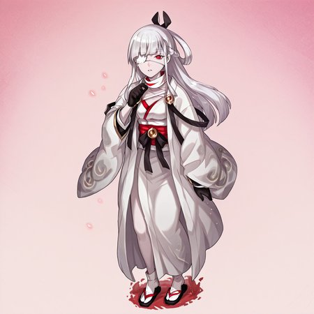lazypos,anime screencap, 
Kaguya Dragalia, long hair, white hair, braid, black ribbon, hair ribbon, eyepatch, red eye, pale skin, bandages, white kimono, japanese clothes, brooch, black gloves, sandals, full body, standing