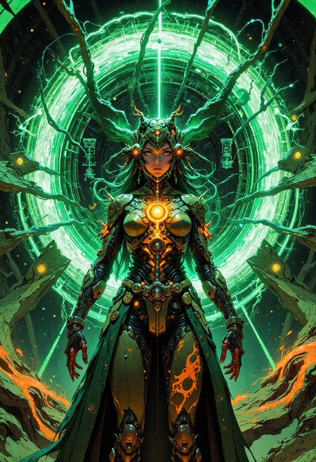 in Otomo Katsuhiro style, masterpiece, high-quality, A towering, low-angle wide-shot of a cybernetic oracle standing within a pulsating energy dome, her biomechanical headgear glowing with synchronized green and orange lights. Cascading cables from her helmet are suspended mid-air, seemingly defying gravity, while holographic glyphs swirl around her like orbiting satellites. Her sleek coat is adorned with shifting, animated patterns, blending with the hyperdetailed, futuristic arena that surrounds her in glowing luminescence, <lora:FLUX\Anime v1.3:0.5> <lora:FLUX\VividlySurrealApex:0.8>