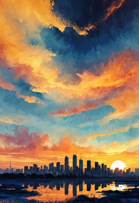 Abstract skyscape sunset, skyline reduced to simple sweep of warm yellow and indigo, atmospheric perspective of overlapping translucent washes of saturated hues, amber to fuchsia gradients converging in ephemeral nebulae, evoking spectrum of new life's emotions