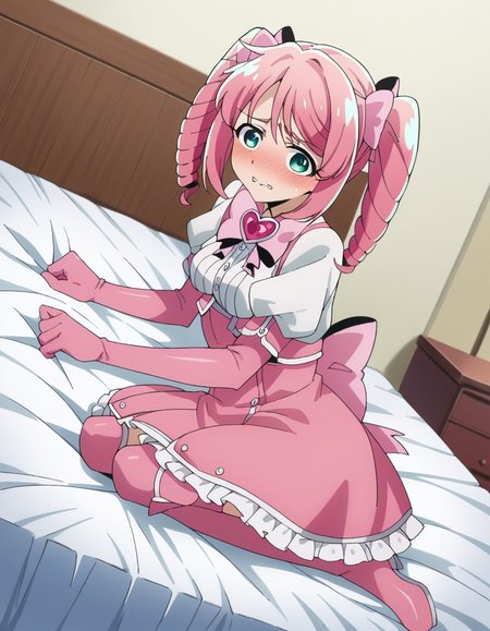 score_9, score_8_up, score_7_up, source_anime,
harukahanabishi, <lora:haruka-hanabishi-ponyxl-lora-nochekaiser:1>
haruka hanabishi, twintails, green eyes, pink hair,
thighhighs, gloves, dress, bow, magical girl, pink gloves,
indoors, bed, bed room, on side, blush, drunk,
looking at viewer, dutch angle, cowboy shot
