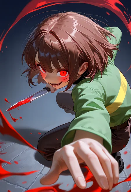 1girl, chara \(undertale\), undertale, perspective, extreme perspective, holding weapon, holding knife, floor, dappled sunlight, looking at viewer, hand on ground, fighting stance, running, crazy smile, staring, night, rushing, (motion blur:1.2), motion lines, from above, facing side, from behind, fighting, blood, 
<lora:cfg_scale_boost:0.4>,<lora:nai_noob_new_1536:0.3>,<lora:nyaliaXLNBVP1lokrV6311P:0.3>, <lora:illustriousXL_stabilizer_v1.23:0.4>, <lora:perspective:1.1>,, (masterpiece, best quality, newest, highres:1.3), good quality, very aesthetic, absurdres, newest, very awa,