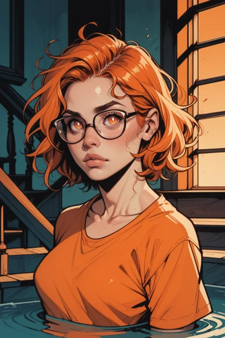 orange hair, orange eyes, orange theme, orange clothes, medium hair , messy hair , medium breasts, white pupils , shiny skin , _, glasses, staircase, partially submerged,, zPDXL3, detailxl,  Score_PnyReal,