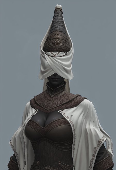 score_9, score_8_up, score_7_up, score_6_up, score_5_up, score_4_up, 1girl,  <lora:NoxSwordstress:0.85> solo, large breasts, colored skin, black skin, faceless, veil, helmet, armor, cape, cloak, gloves, boots, upper body, cleavage, 
(light blue background:1.15), simple background,
