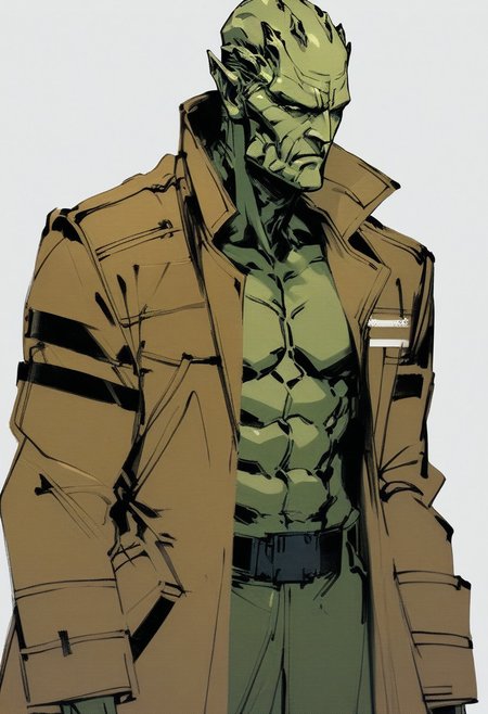 yoji_shinkawa, green alien , Male, tentacle like form, trenchcoat,  serious  <lora:Yoji_v2-000014:0.9>, score_8_up, score_7_up, score_6_up