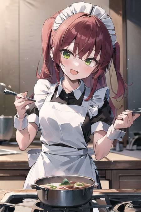 (masterpiece:1.0), (best quality:1.0),1girl, solo,kita ikuyo, side ponytail, looking at viewer, (cooking:1.2), (maid apron:1.2), open mouth, smile,