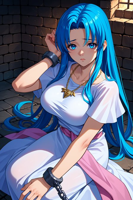 score_9, score_8_up, score_7_up, score_6_up, source_anime, 1girl, solo,  <lora:ysfeena-pdxl-nvwls-v1-000004:1> ysFeena, blue hair, very long hair, blue eyes, necklace, white robes, short sleeves, pink sash, looking at you, big breasts, indoors, dungeon, stone floor, chains, shackles, looking at you, sad